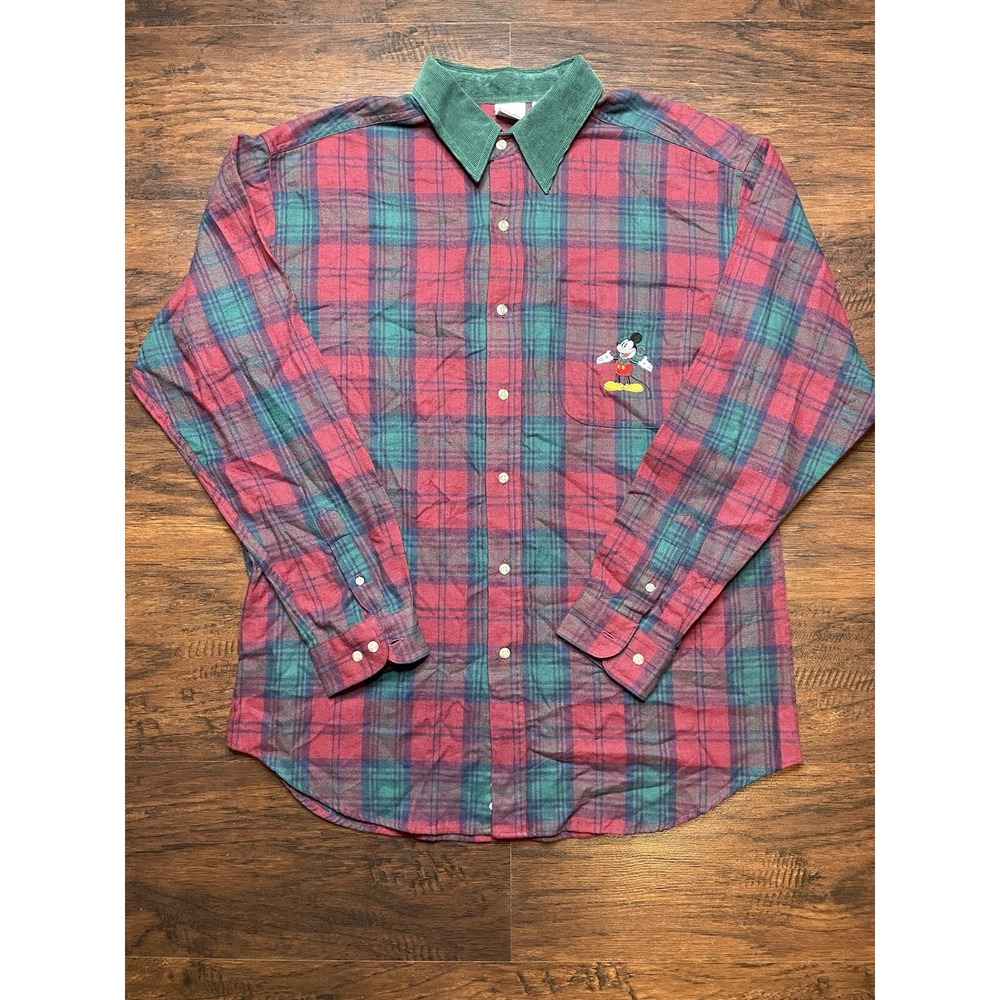 Vintage Disney World Shirt Mens L Mickey Mouse Plaid 90s Button Up Top Walt